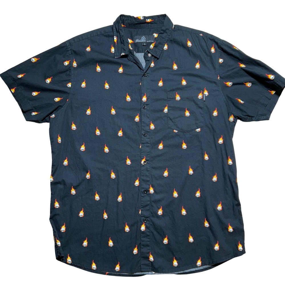 Molokai Surf Co Mens XL Black Flaming Skull All Over Print Short Sleeve Shirt